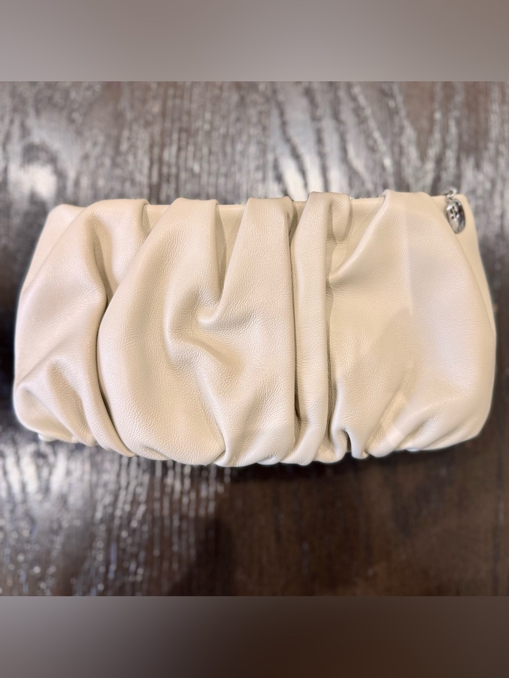 STAUD Ivory Ruched Leather Shoulder Bag